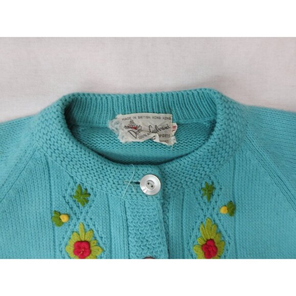 VTG Donovan Galvani Embroidered Cardigan Sweater Sz 38 M Aqua Blue Hong Kong - Picture 4 of 14